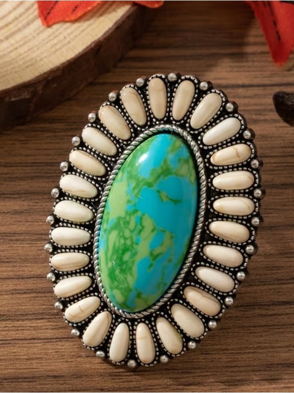 WESTERN Faux Turquoise & Cream Oval Statement Ring